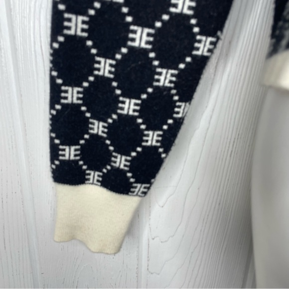 Ell And Emm Monogram Knit Sweater M Black Ivory Collared Quarter Button EE - Picture 6 of 11